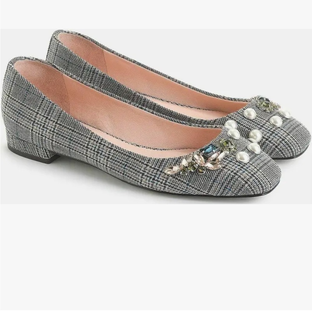 J. Crew SALLY Poppy BALLET Pearls EMBELLISHED PLAID Flats Black Shoes 7.5 - Picture 4 of 8